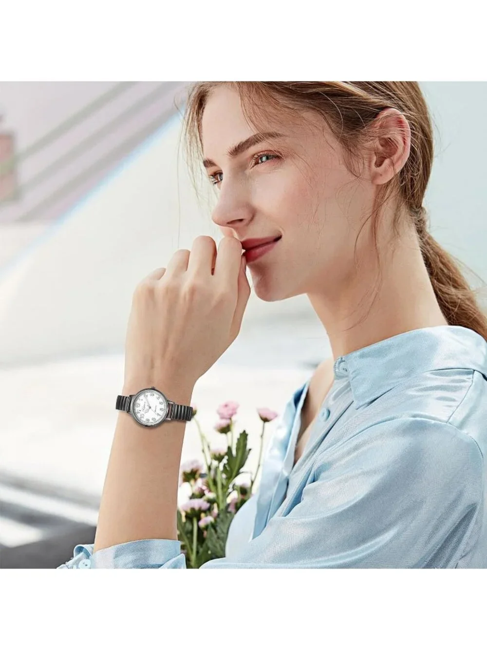 Women's Black Analog Quartz Luminous Dial Easy Reader Stretch Band Wrist Watch